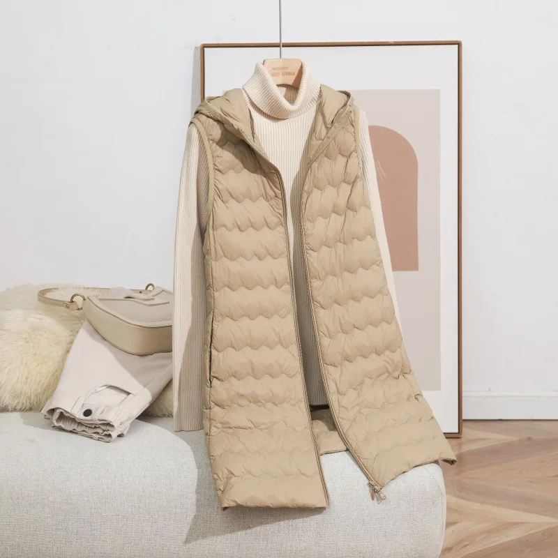 Gilet à capuche mi-long en duvet de canard blanc pour femme, manteau polyvalent, chaud, Simple, à la mode, pour l'extérieur, nouvelle collection 2025, 90%