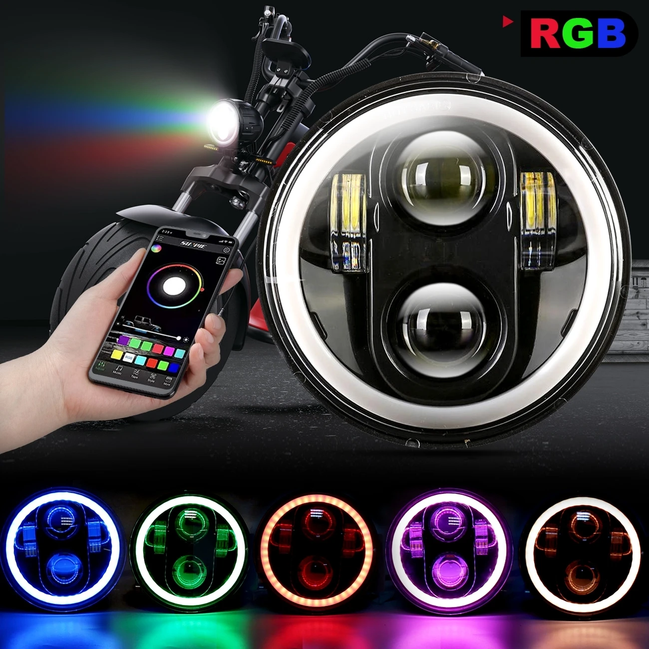 1Pcs 5.75 Inch Round LED Headlights RGB Motorcycle Halo Ring Angel Eye Driving Light with APP Control for Harley Davidson