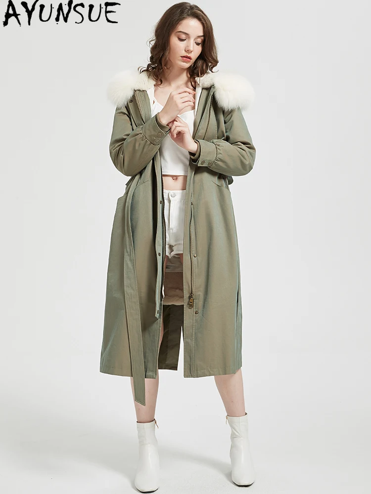 

AYUNSUE Rex Rabbit Fur Parka Women 2025 Пальто из натурального меха Зимняя одежда Длинный стильный плащ Теплый воротник из лисьего меха Пальто Женское