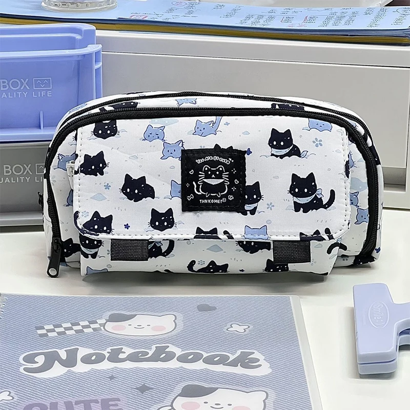 Estuche para bolígrafos con estampado de gato nevado lindo de dibujos animados, organizador de gran capacidad, bolsa de almacenamiento de papelería multifuncional, bolsa portátil para bolígrafos