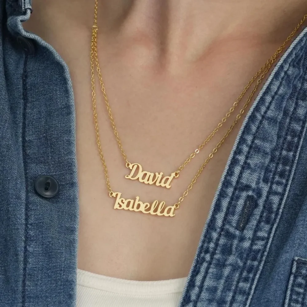 Custom Double Layered Chain Two Name Necklace Jewelry Stainless Steel Script Two Nameplate Pendant Necklace Best Gift For Women