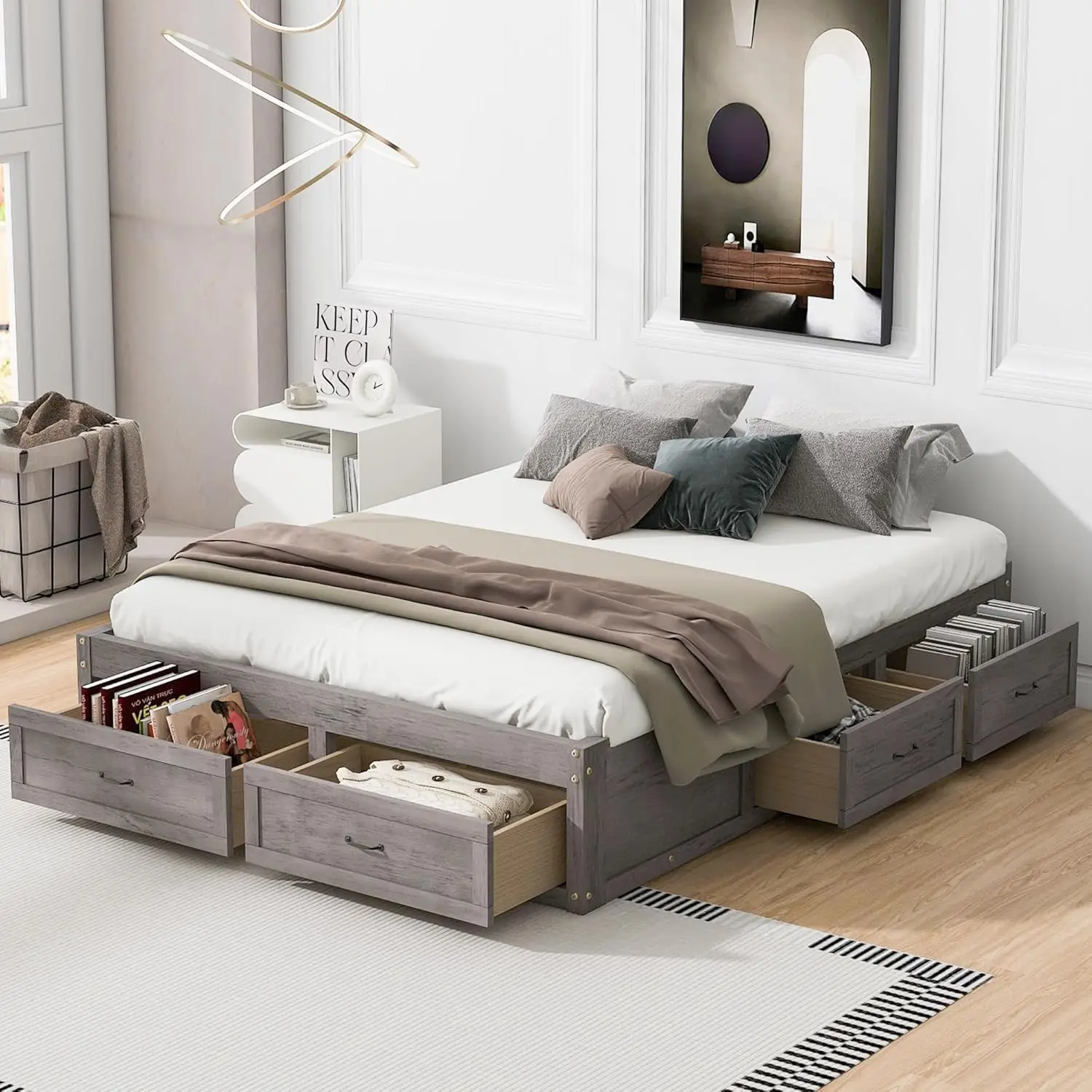 Queen Size Platform Bed Frame With 6 Storage Drawers, Modern Sleek Design Mdf Beds With Spacious Storage, Easy Assembly, No Box