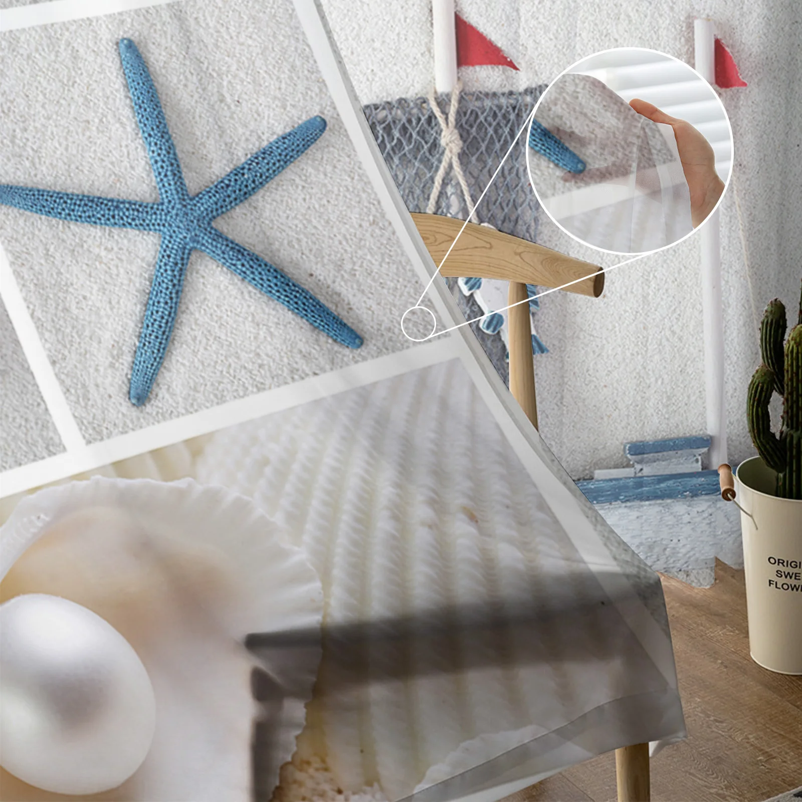 Mediterranean Lighthouse Starfish Sheer Curtains for Living Room Kitchen Tulle for Windows Voile Yarn Curtains for Bedroom