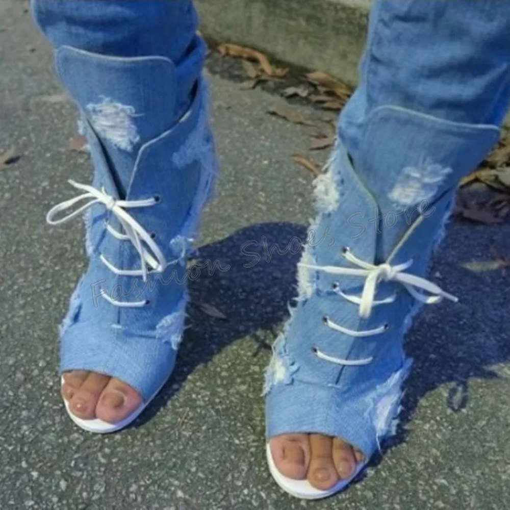Denim Peep Toe Lace-up Enkellaarsjes Stiletto Hoge Hakken Hoge Hak Schoenen voor Vrouwen Mode Hakken 2025, Nieuwe Zapatos Para Mujere