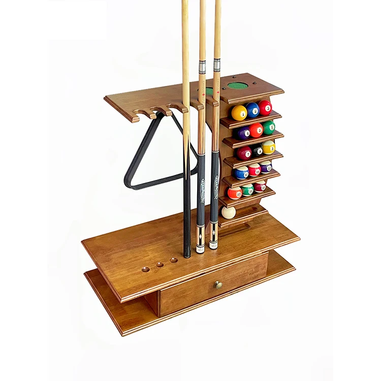 Pool-Queue-Rack für bis zu 6 Stäbchen und Billardzubehör. Bodenständer Pool Queue Holder aus massivem Hartholz
