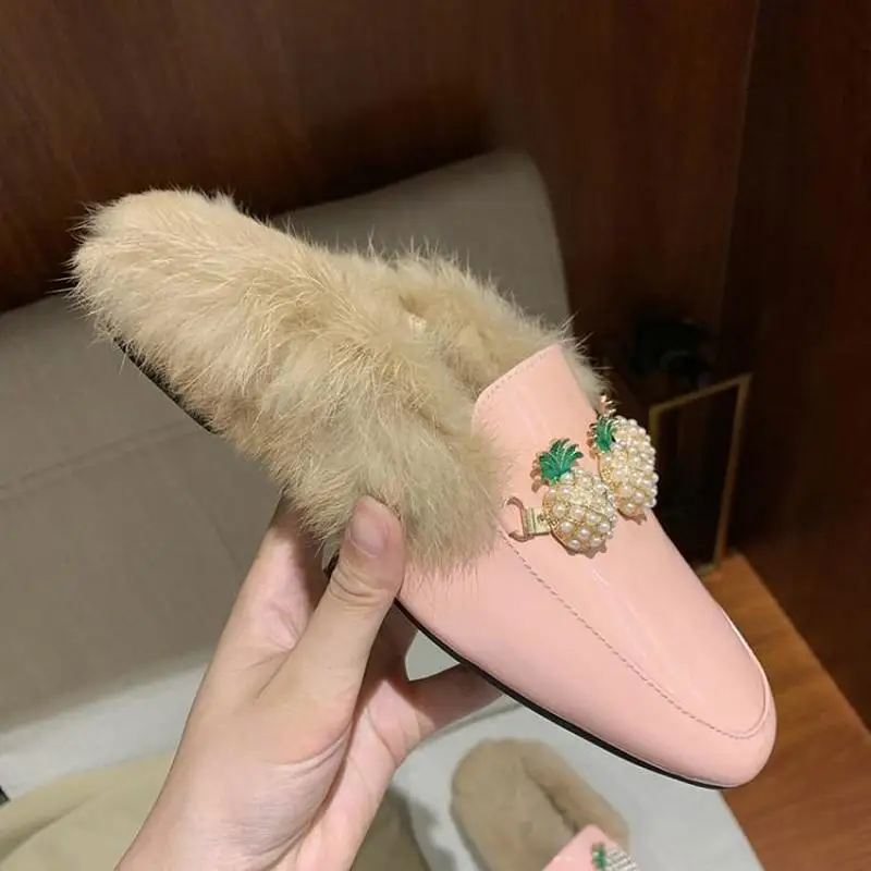 Womens Real Rabbit Fur Backless Pineapple Pearls Leather Slipper Mule Slide Princetown Shoes Square Toe Mules Warm Plus New 2024