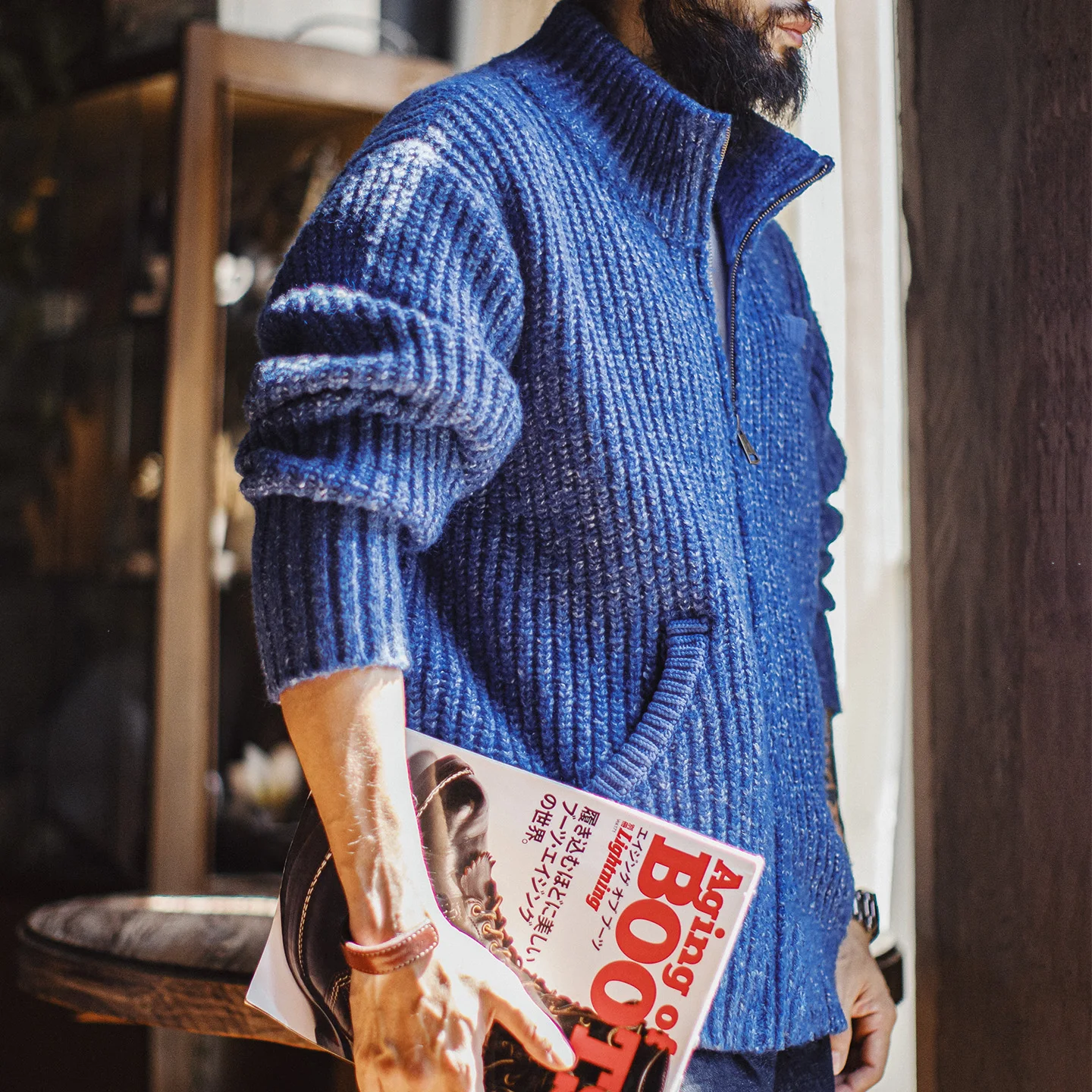 

Maden Casual Blue Knit Cardigan Thickened High Neck Thermal Wool Blend Warm Sweater Coat for Men's Winter Vintage Zipper Jacket