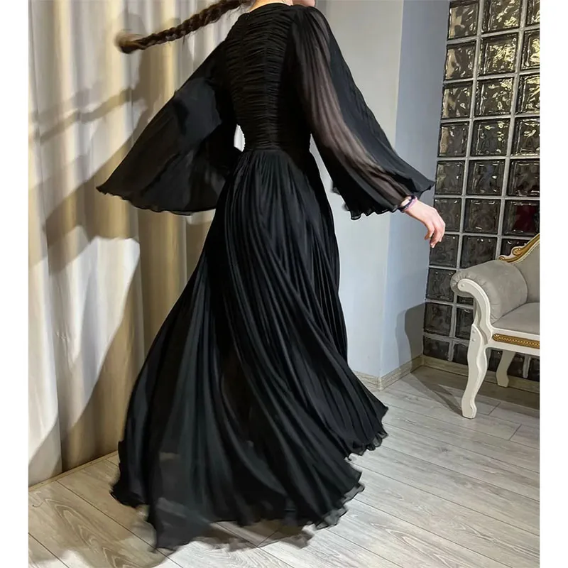 Vestido de fiesta de gasa de manga larga con cuello cuadrado negro Vintage, vestidos de fiesta de boda, vestido de noche hasta el suelo, línea A, hecho 2024