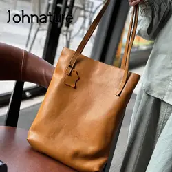 Johnature 2024 New Simple Tote Bag Genuine Leather Large Capacity Women Shoulder Bags Solid Color Real Cowhide Shopping Bags