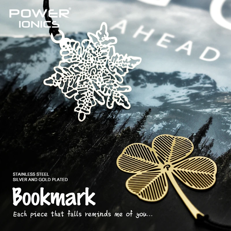 POWE IONICS 6PCS Gold Silver Plated 316 Stainless Steel Bookmark Snow Flake Clover Leaf Pendant Book Clip Friends Student Gifts