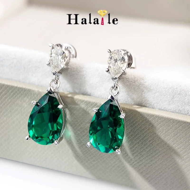 

Halaile 7CT Moissanite And Lab-Grown Zambian Emerald Stud Earrings Pear Cut For Women Dainty Elegant Sparkling Gift