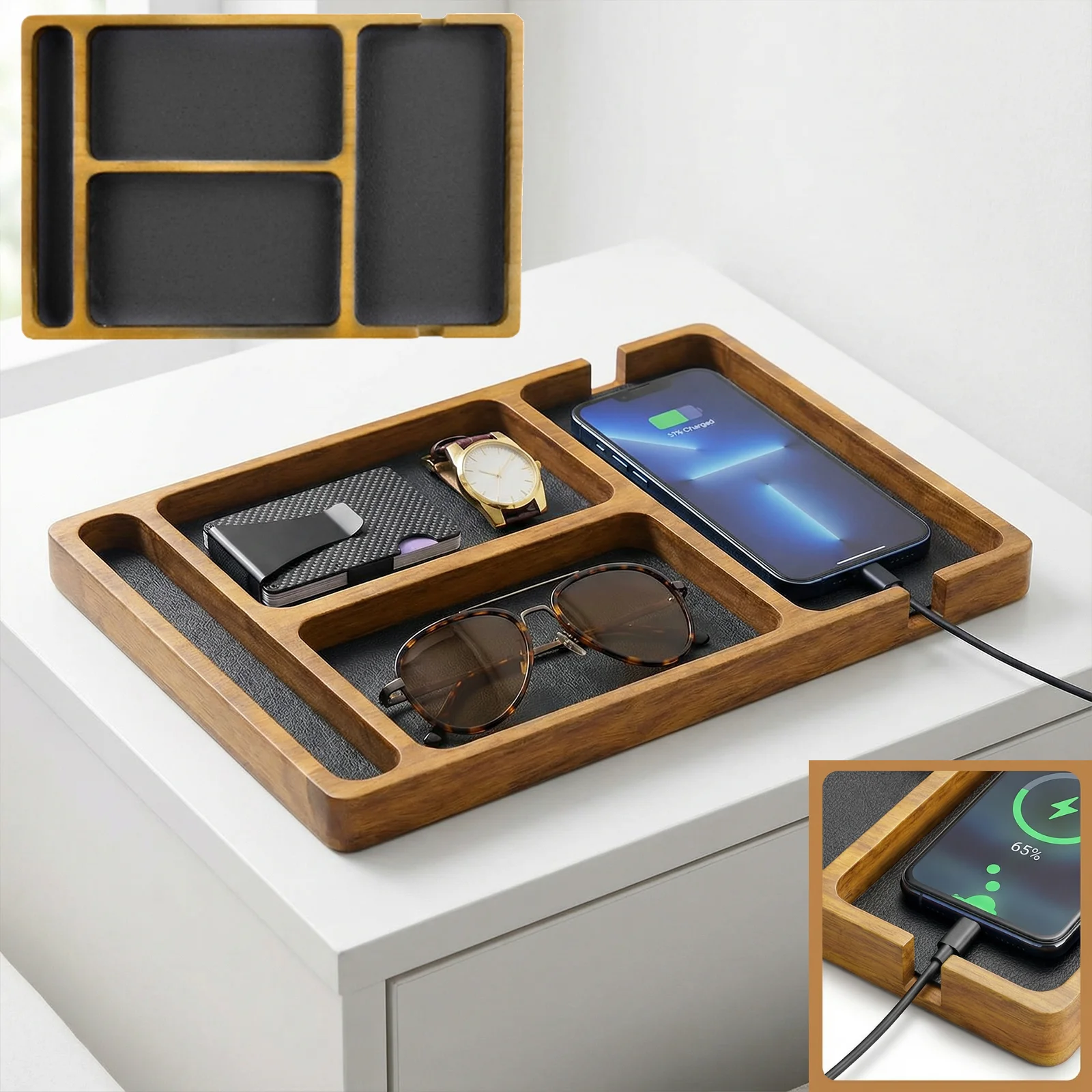 Office Desktop Storage Box Solid Wood Partition Storage Box Mobile Phone Headphone Debris Storage Box Wooden Storage Tray