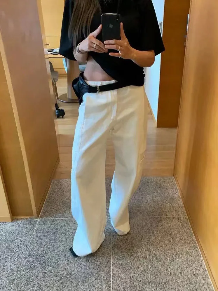 Frühling 2025, Damen-Arbeitskleidung mit weitem Bein, Sle-Jeans, Dongda Gate, einfache Passform, mehrere Kette, Design, Baumwolle, elastisch, Denim, hoch...