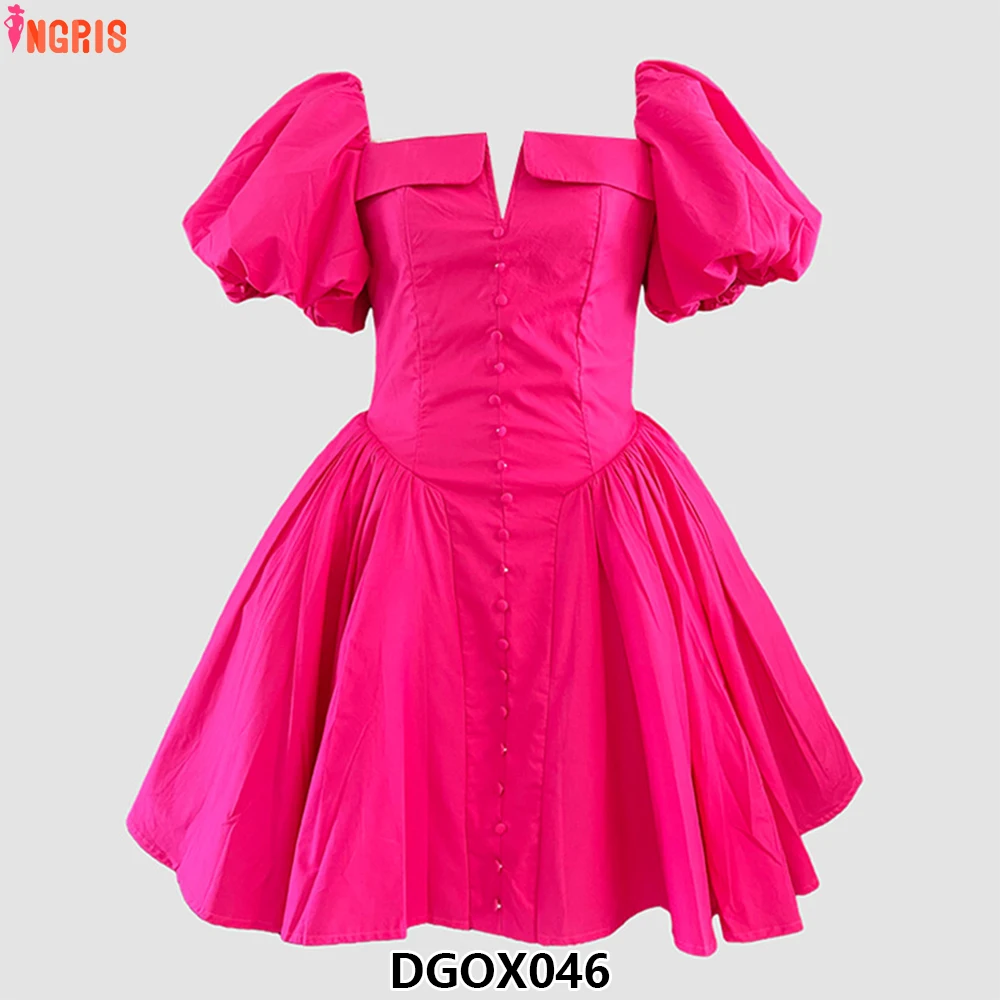 

Solid Spliced Button Slimming Dresses for Women Slash Neck Short Sleeve High Waist Temperament Dress Female Style-DGOX046