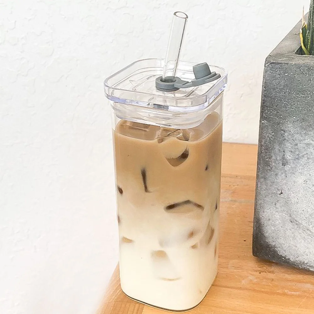 

400ml Simple Stripe Coffee Glass Cup With Lid and Straw Transparent Bubble Tea Cup Juice Glass Milk Mocha Cups Breakfast Mug