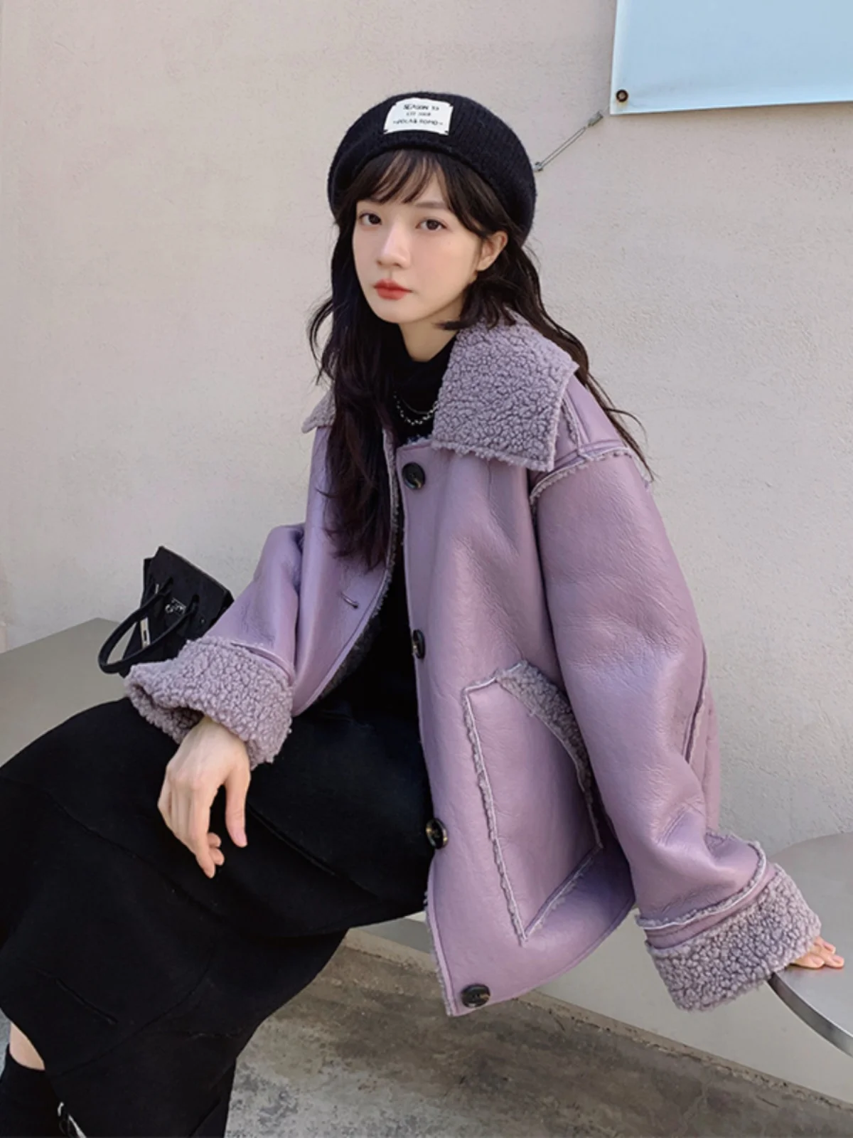 

Фиолетовая короткая куртка из овчины для женщин, осенне-зимняя, утепленная, из оленьей кожи с интегрированным мехом ягненка, премиум-класса