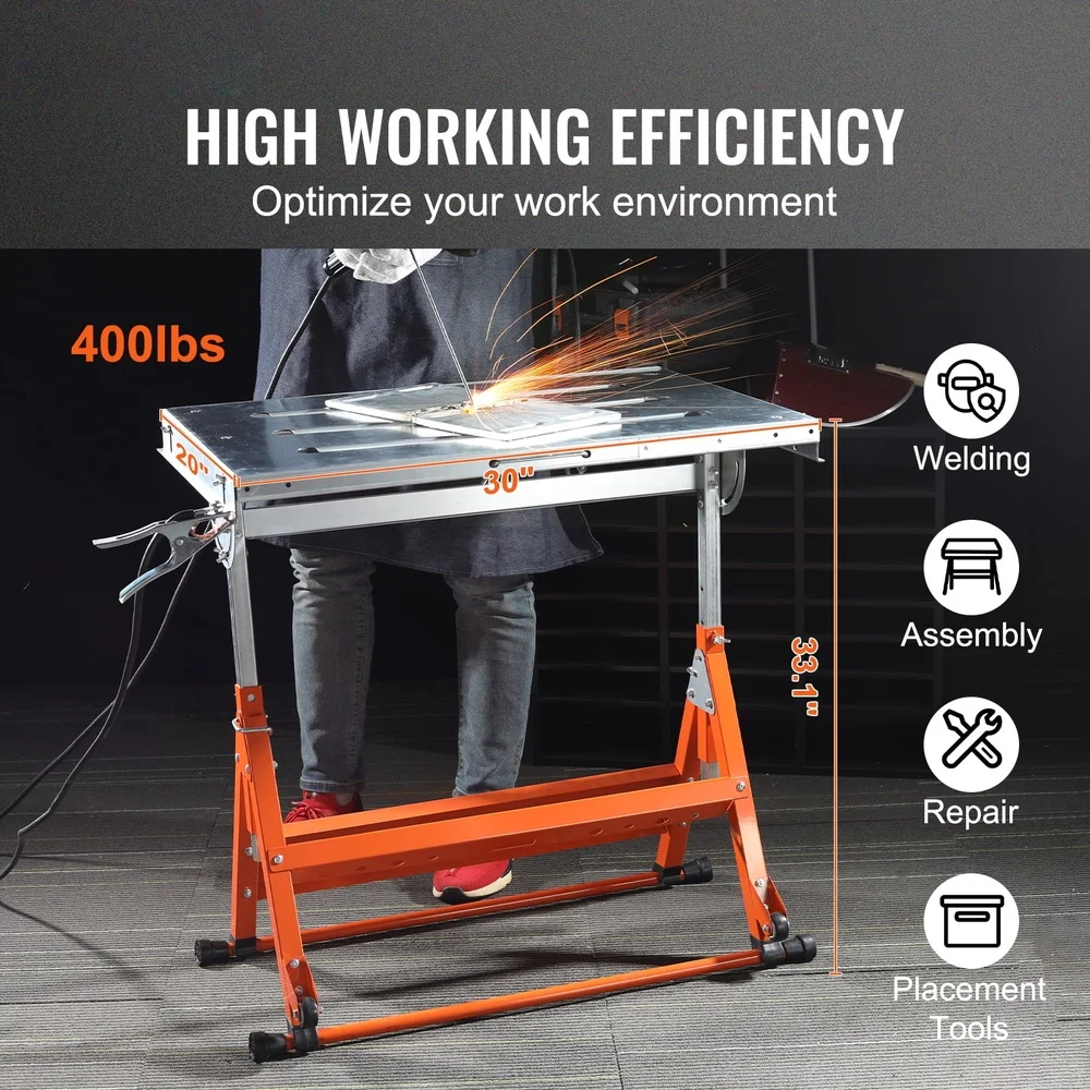 30x20 Welding Table Steel Construction 400lb Capacity Adjustable Height Foldable Design with 3 Slots and Mobility Features