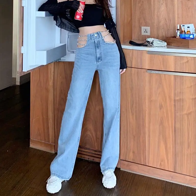 Design Sense Chain High Waist Hollow Out Sexy Loose Straight Tube Jeans Women's Spring Korean Spicy Girl Wide Leg Pants Trend