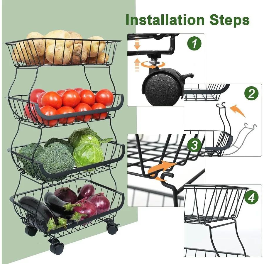 Fruit Vegetable Storage Basket Kitchen Fruit Vegetable Storage Cart 4 Tier Stackable Metal Wire Storage Baskets with Wheels Pro