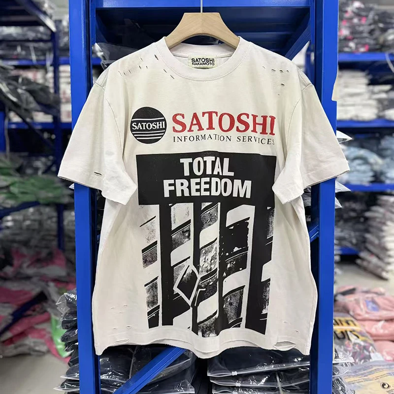 26SS Washed Distressed Satoshi Nakamoto Short-sleeved T-shirt TOTAL FREEDOM Print Oversized Men's Street Trend Vintage Tshirts
