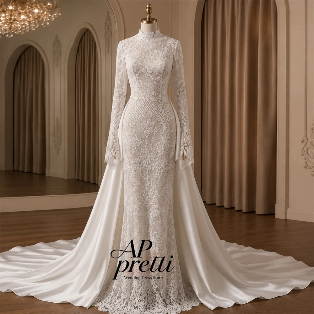 AP pretti Gorgeous Mermaid Full Lace Bridal Gown High Neck Long Sleeves Detachable Train Wedding Dresses For Woman Customized