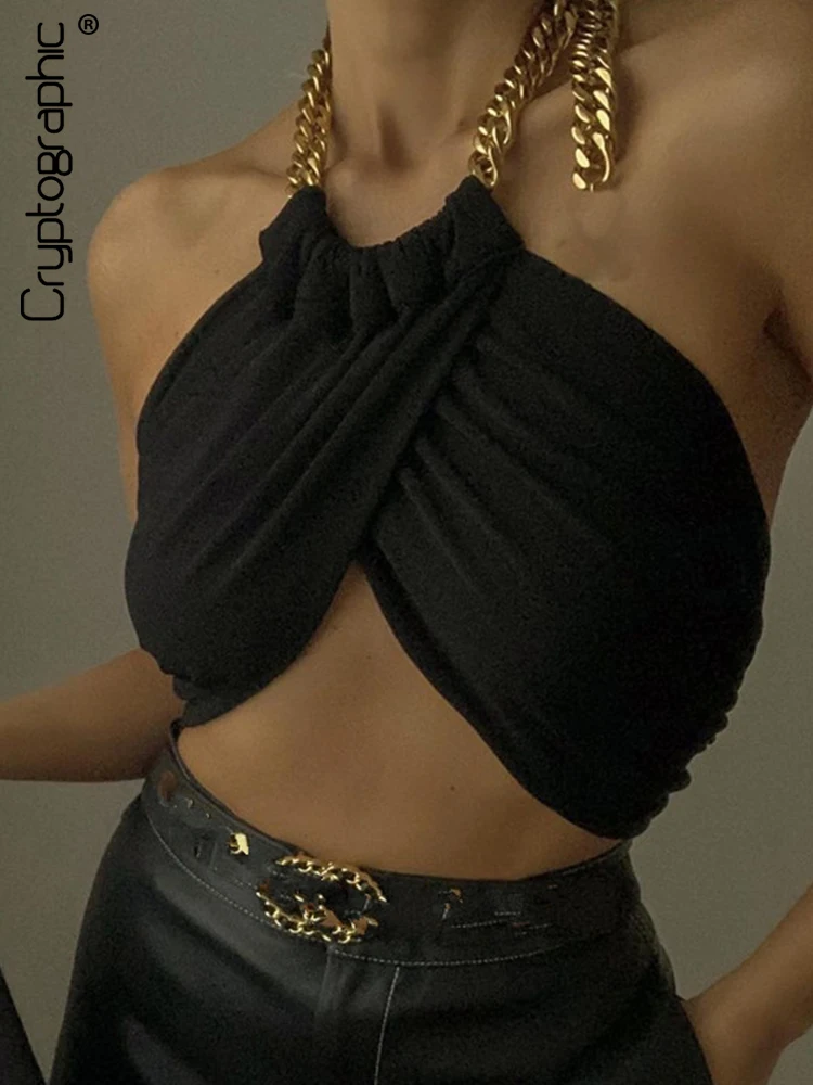 

Cryptographic Summer Fashion Chic Halter Chain Crop Tops for Women Backless Cropped Feminino Black Wrap Top 2022 Streetwear