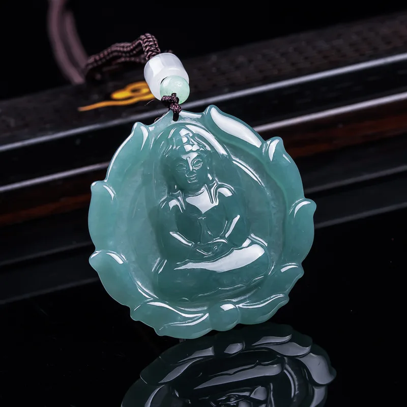 Lace Buddha Necklace with Jade Texture, Unisex Guanyin Versatile Stylish Trendy Sweater Chain, Natural A-Grade