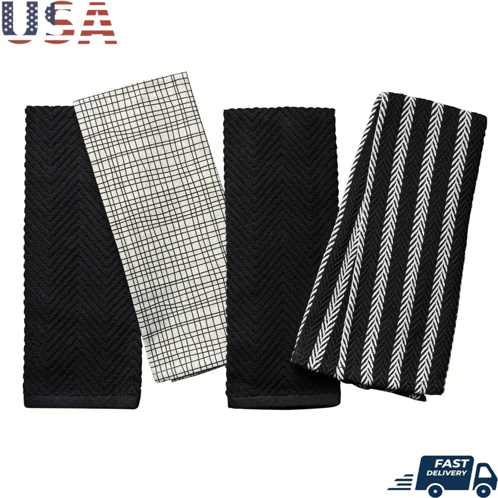 

Ultra-Absorbent Kitchen Towels Set of 4 Durable Machine Washable Decorative Crosshatch Design 16x28 Inches Ideal Daily Use