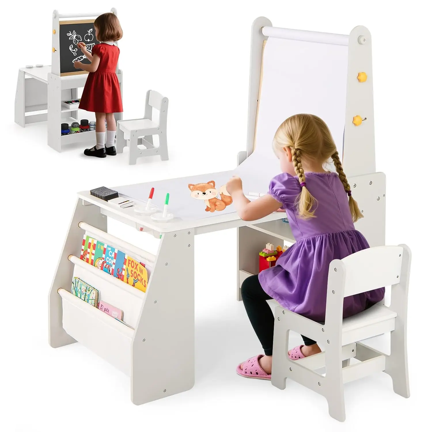 Kids Art Table & Chair Set 4-in-1 Wooden Easel w/Whiteboard Blackboard Paper Roll Shelves Toddler Drawing, Customized