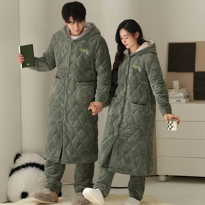 2 Pieces Set Couple Hooded Robe M-4XL Winter 3 Layer Clip Cotton Robe Long Bathrobe+Pant Thick Warm Men and Women Pijamas