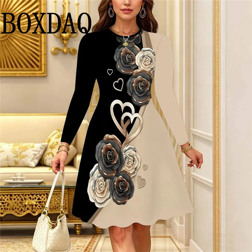 Flowers 3D Printed Dresses For Women 2026 Autumn Dress Vintage Casual Long Sleeve Plus Size Dress Loose Women's A-Line Dress 6XL