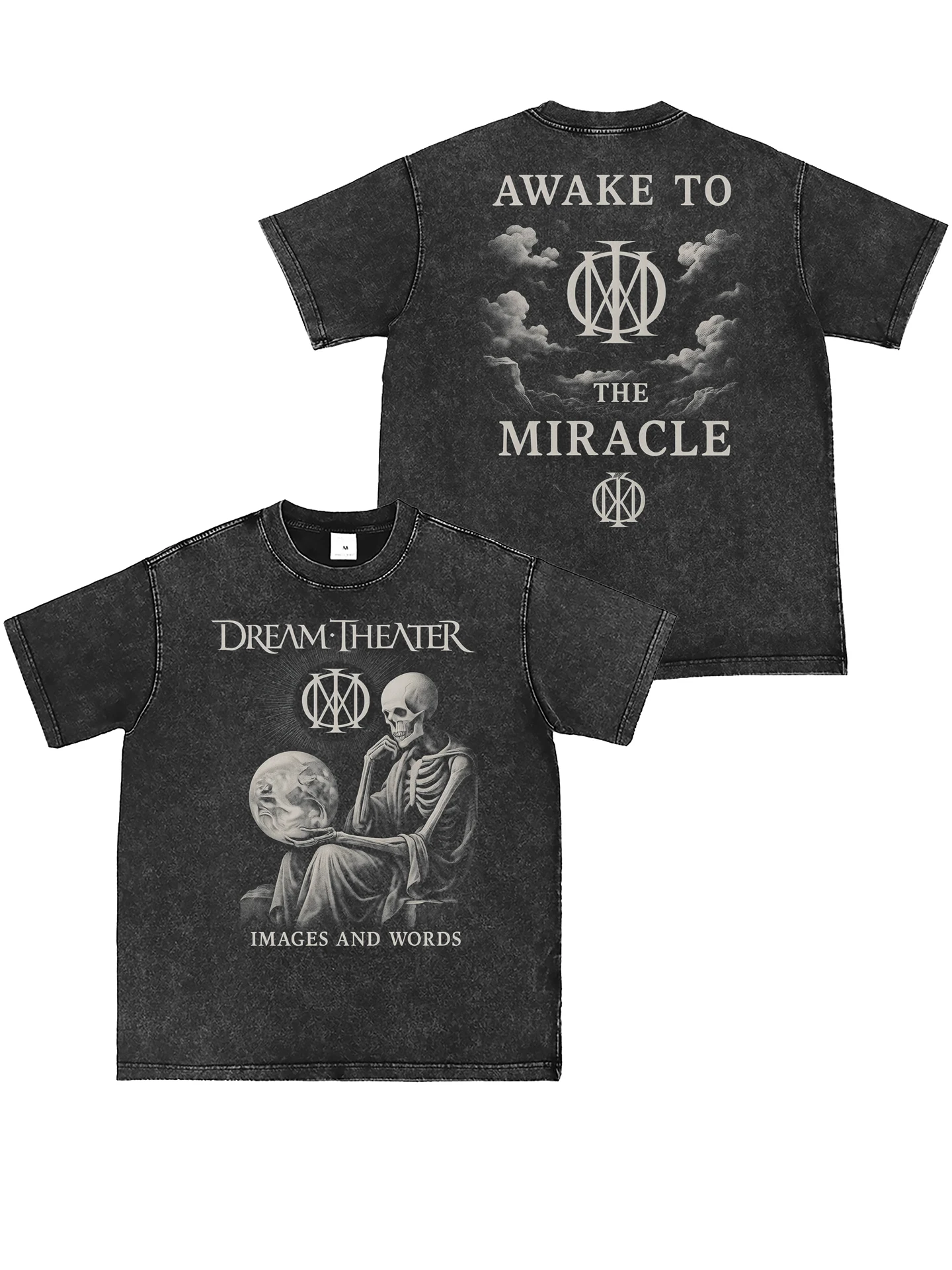 Dream Theater Band Vintage Washed Direct Print Grey American Street Punk Rock Short Sleeve T-Shirt Loose Fit Cotton Youth Summer