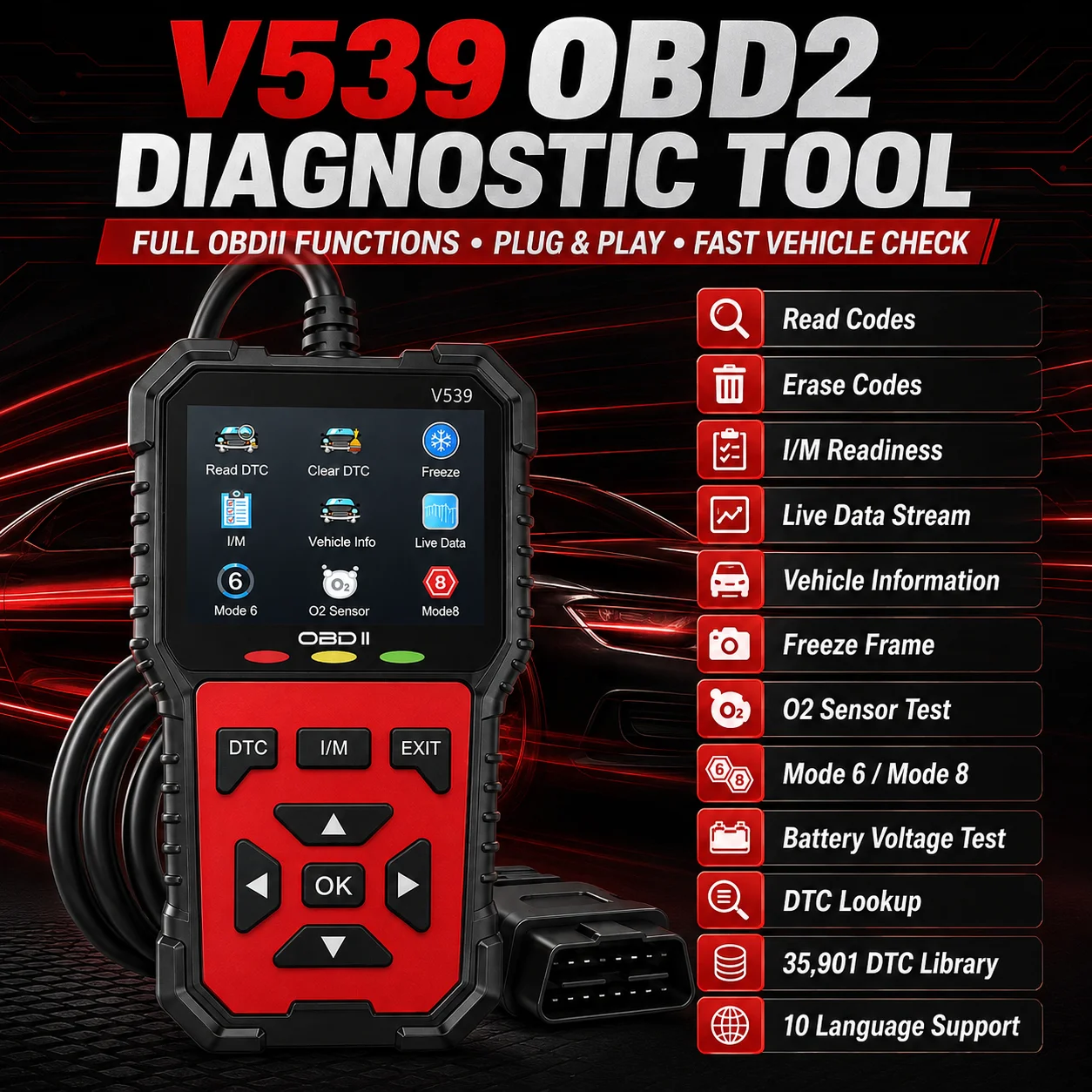 V539 Professional OBD2 Scanner, Silicone Button Vehicle Diagnostic Code Reader, Engine Fault Code Scanner & Clear Too