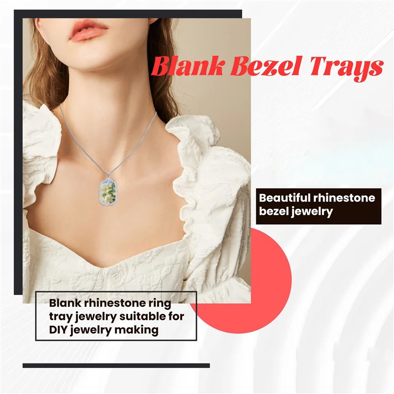 WORTHOWN-48Pcs Sublimation Rhinestone Trays Pendant Set, 12 Blank Bezel Trays, 12 Pcs Chains With 24 Discs, Rectangle Style