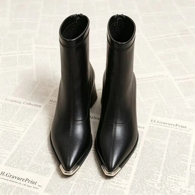 Elegant Women Ankle Booties, Pointed Toe with Metal Cap, Chunky Block Heel Back Zipper Boots, Fashion Autumn Winter Dress Shoes