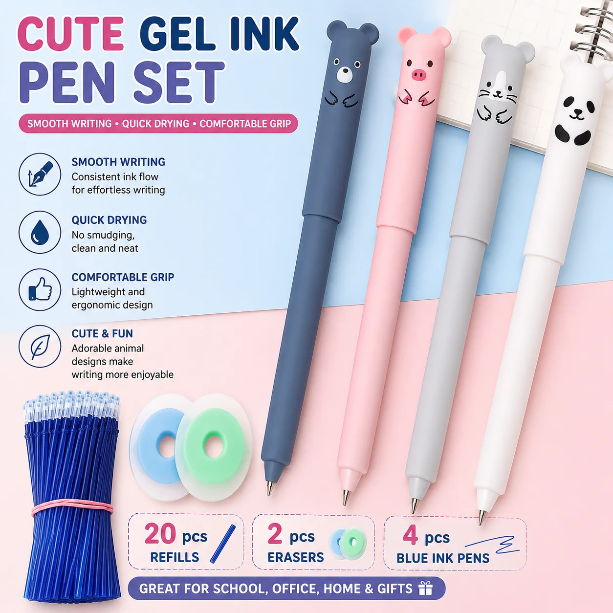 1 Set Cute Cartoon Bear Erasable Pen Kit, 0.5mm Full Needle Tip Easy‑Wipe Neutral Pen Student Stationery