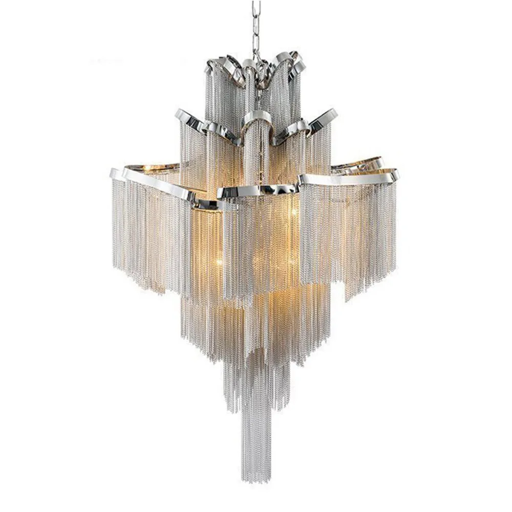 

Stream Luxury Tassel Chrome Chandelier Aluminum Chain Living Room Duplex Loft Villa LED House Decor Lighting Fixtures