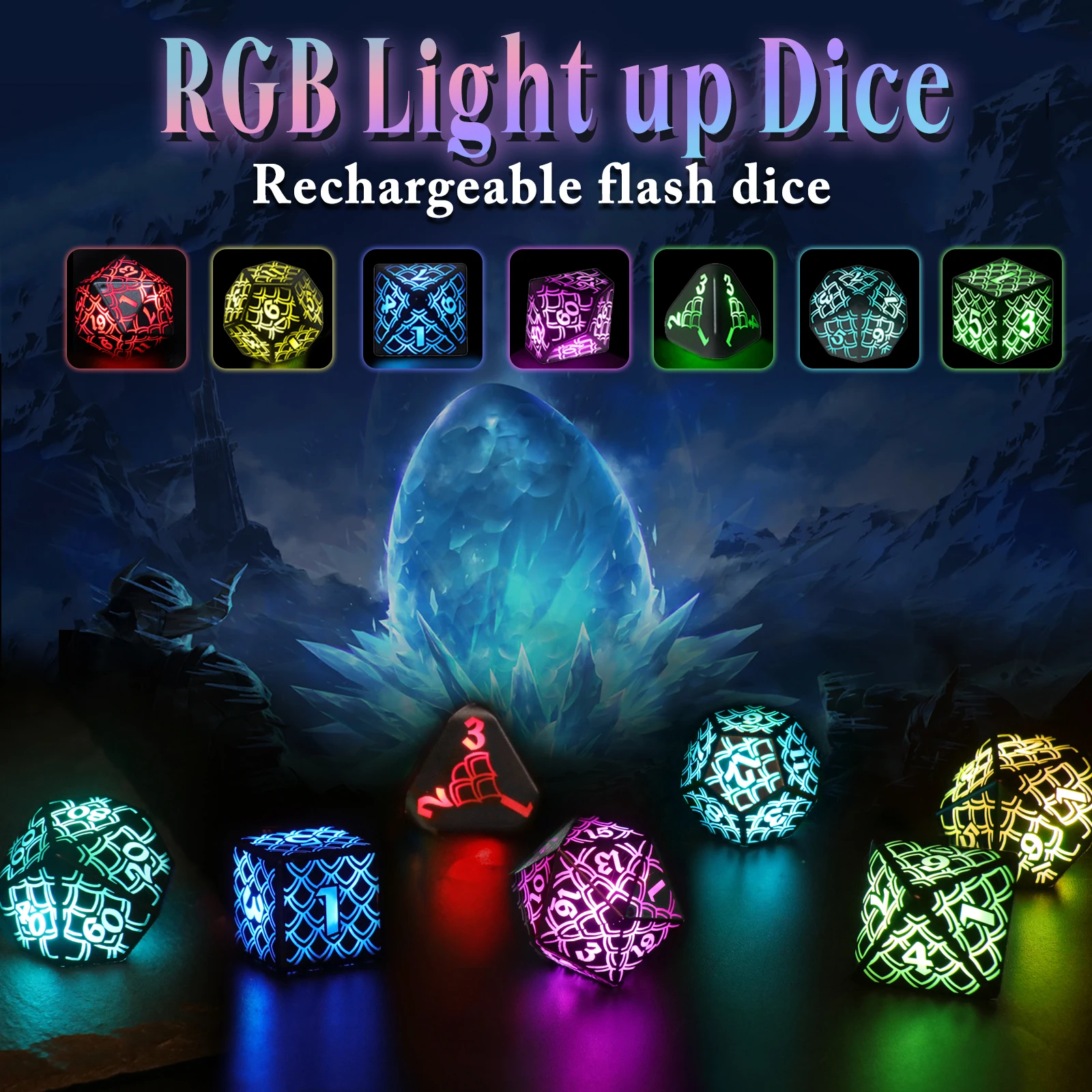 

Беспроводная зарядка светодиодных кубиков, кубики DND, кубики с чешуей дракона, перезаряжаемые, ZHOORQI RGB Light up Dice