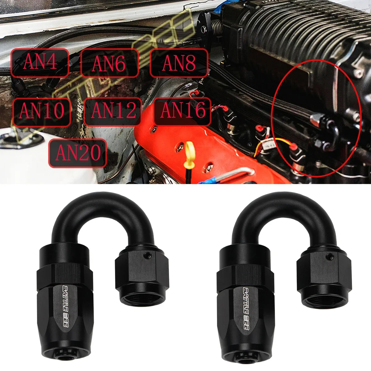 

BATTLE BEE Oil Fuel Hose Aluminum Elbow 180 Degree Hose End Oil Fuel Reusable Fitting AN4/6/8/10/12 For Swivel Oil Fuel CPE Line