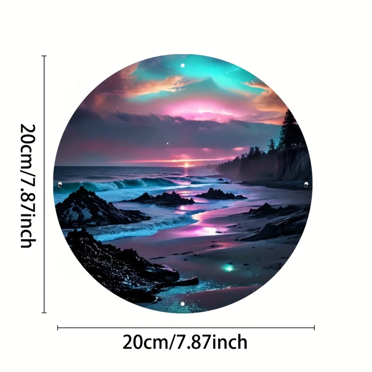 Round Colorful Aurora Beach Aluminum Sign, Magical Sunset Ocean Wave Rocky Coast Print Circular Wall Plaque, Coastal Cottage Hom
