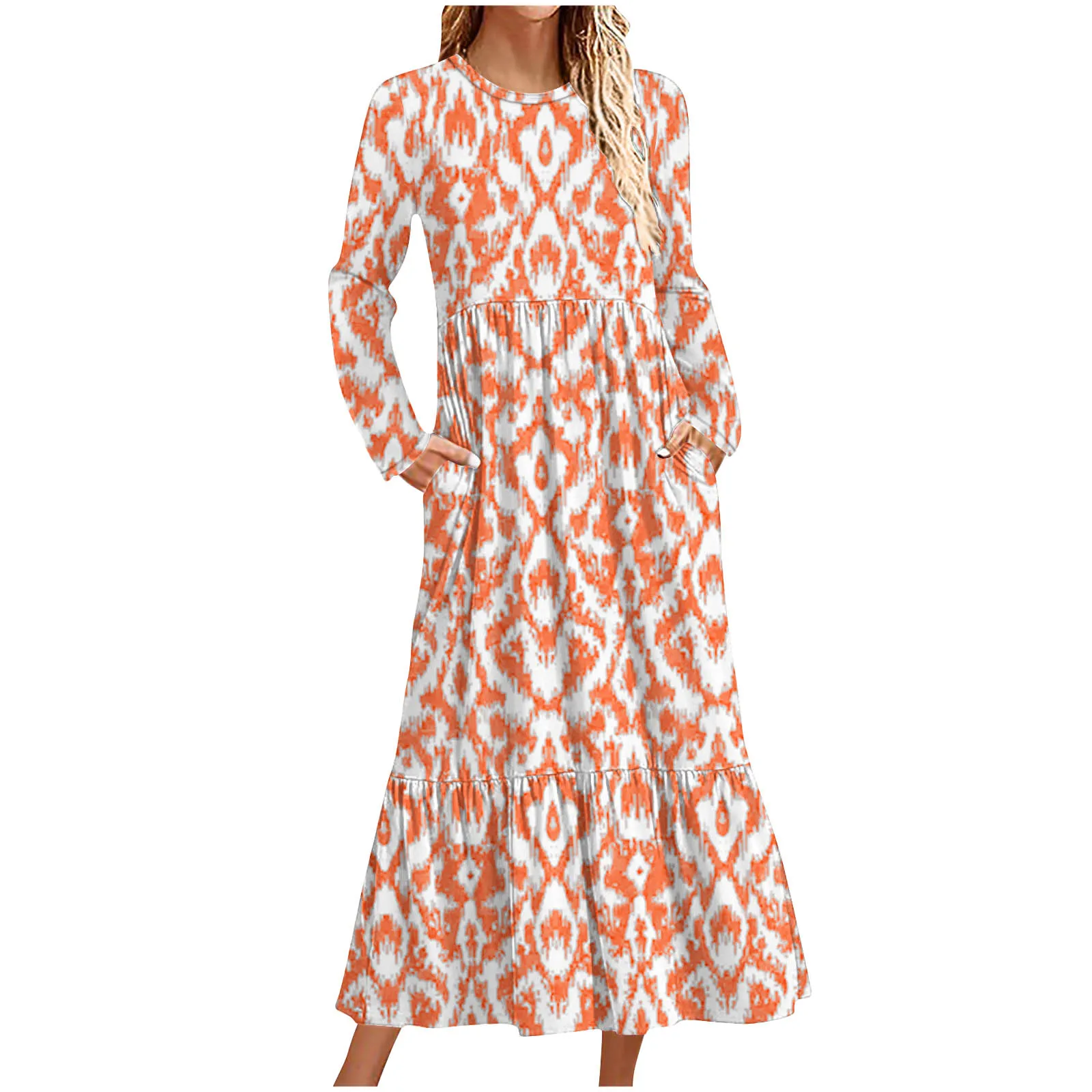 Autumn new color vacation style travel round neck retro long skirt women's casual printed round neck long sleeved loose dress wo