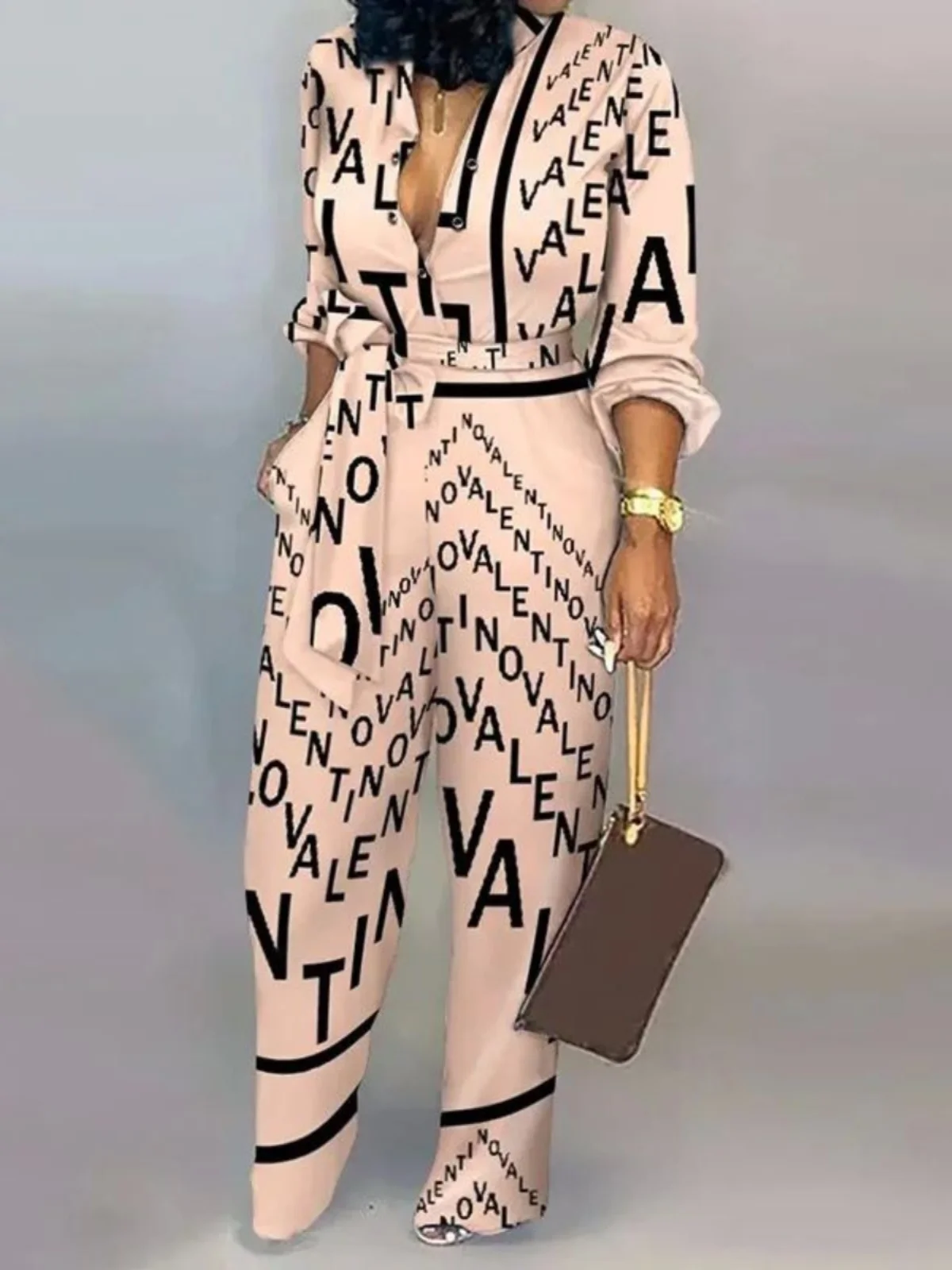 

Женский комбинезон Street Sle с высокой талией, прямым кроем, длинными рукавами и принтом, повседневные брюки из полиэстера, осенняя коллекция