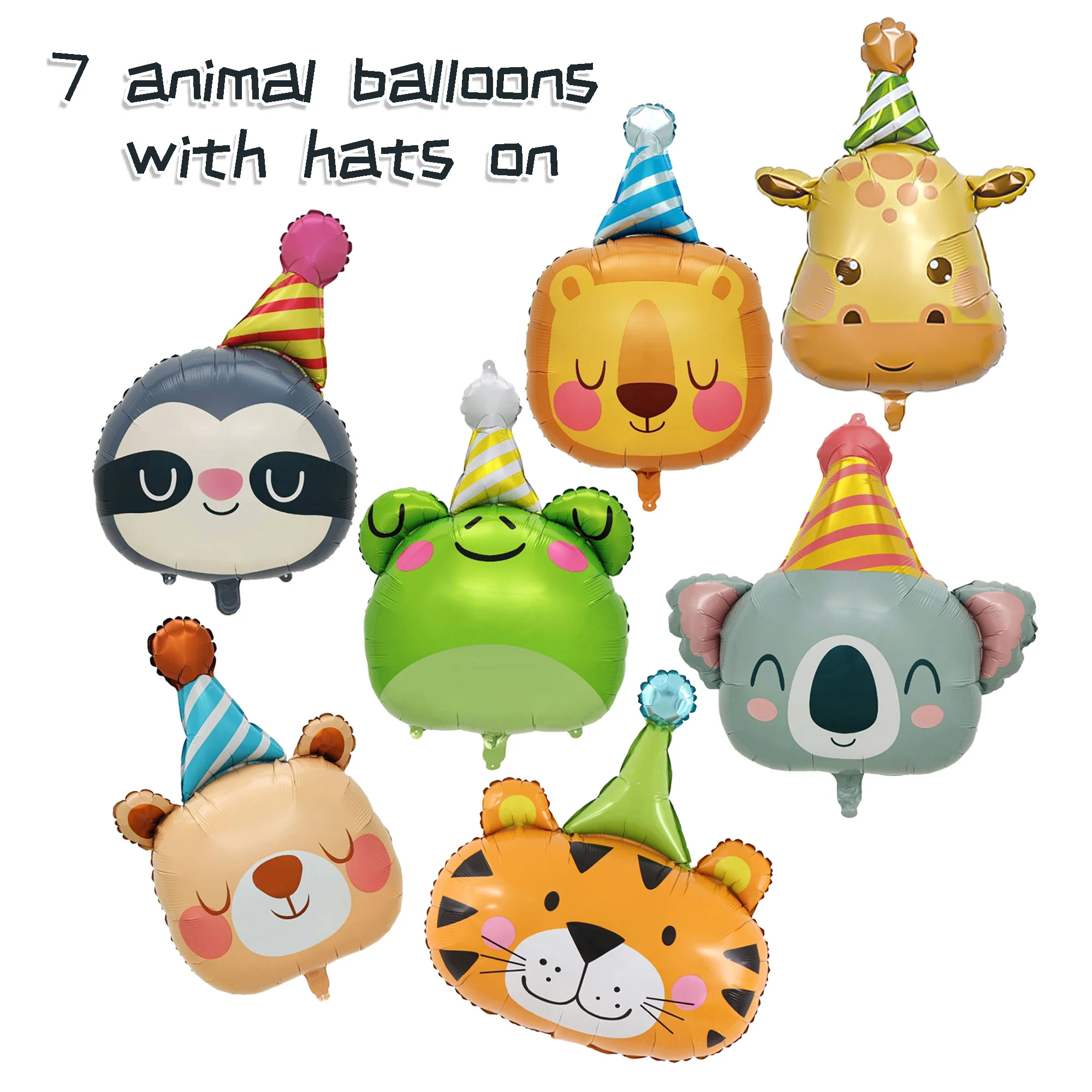 Lot de 7 ballons en aluminium animaux de dessin animé pour enfants, chapeaux d'anniversaire, ballons à l'hélium, décorations de fête d'anniversaire, jouets gonflables