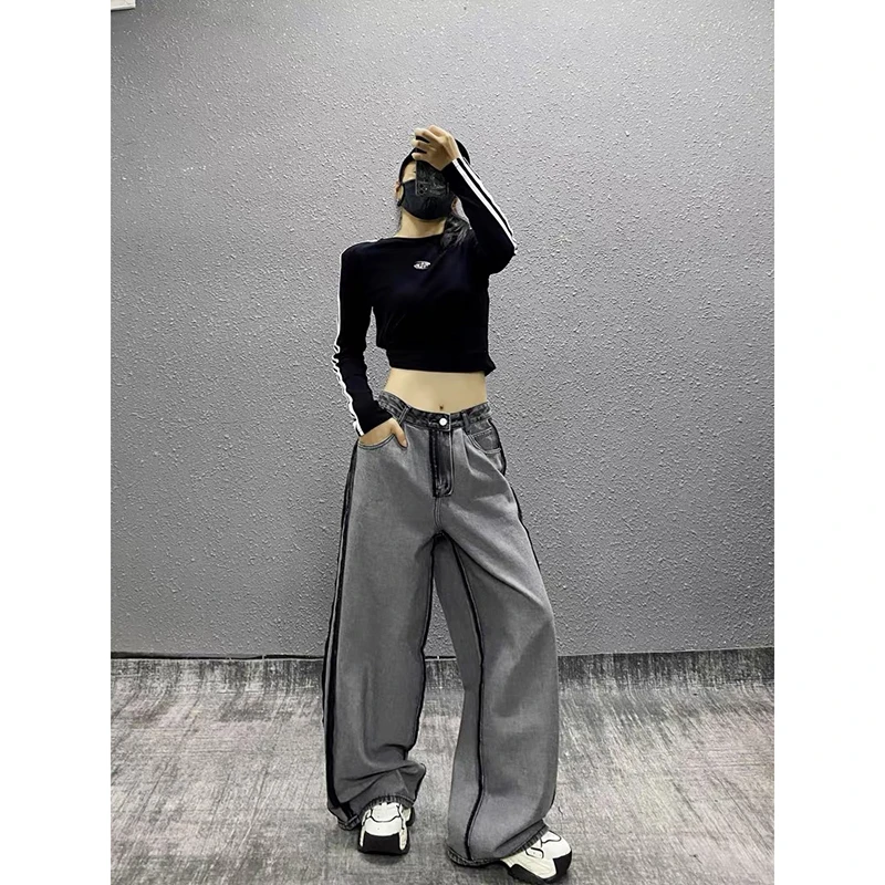 ZHIZOU, pantalones vaqueros holgados a rayas grises para mujer Y2K American Harajuku High Street 90s, pantalones vaqueros de pierna ancha holgados Retro estéticos, ropa
