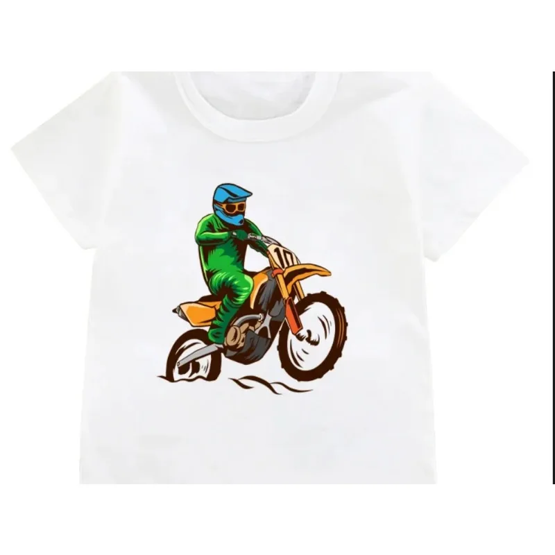 Hot Sale  Dirt Bike Motorcycle Print T-shirt Boys Cool White T Shirts Kids Harajuku Summer Short Sleeve Tshirt Tops