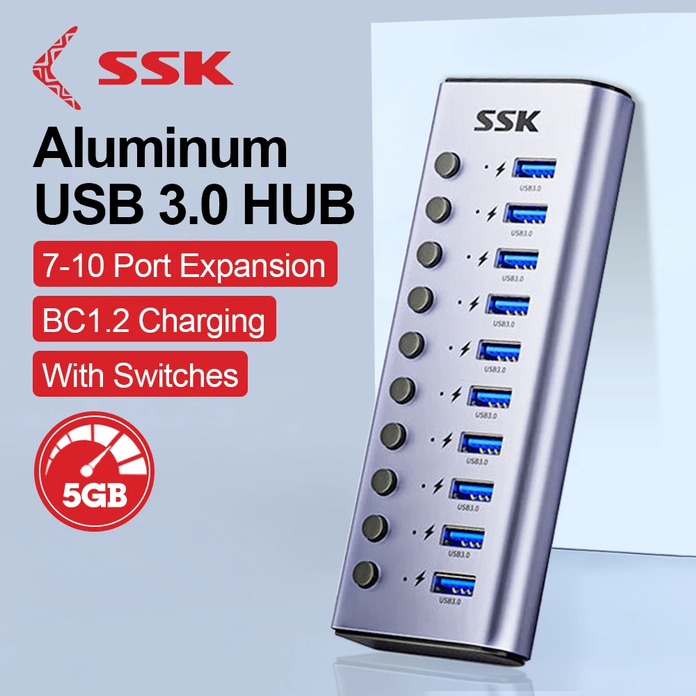 

SSK USB C Hub Splitter Socket Aluminum 7 10 Port Splitter Split Switch Dock with On-Off Key 12v Power Adapter for Macbook Phone