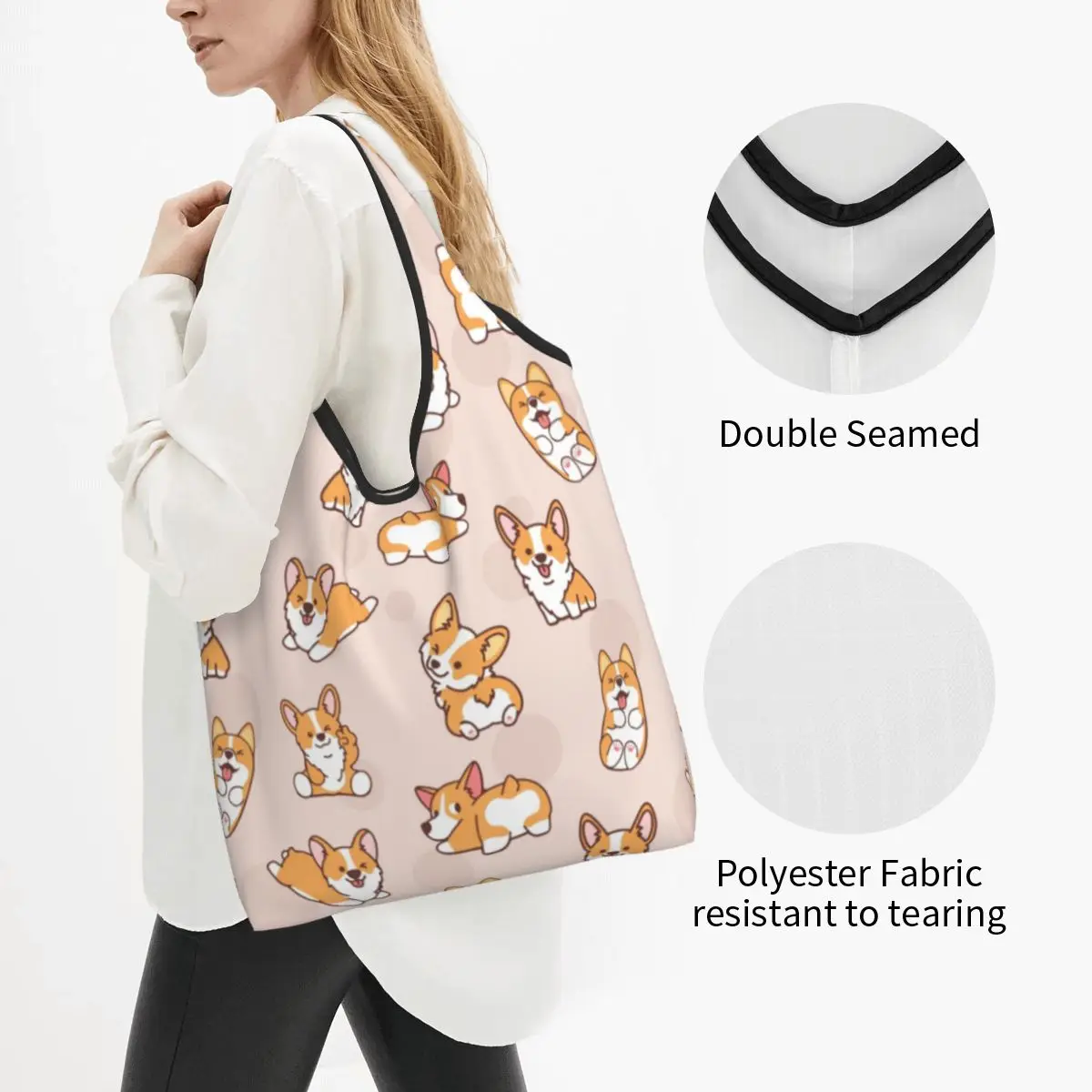 Borsa a tracolla portatile con stampa di moda divertente Corgi Puppy Shopping Tote Bag