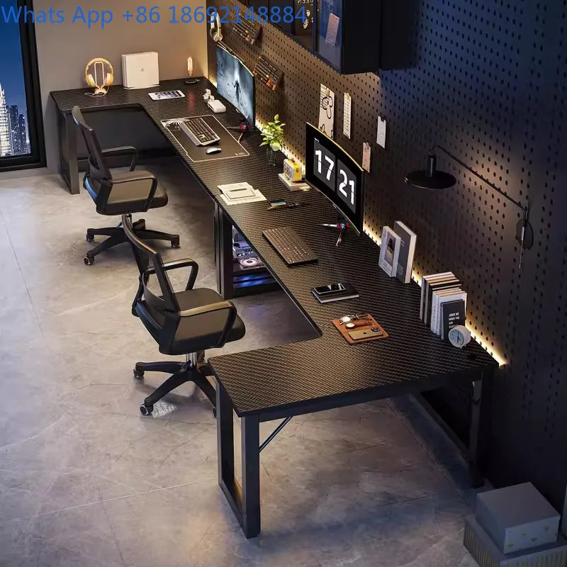 Double Desk with Corner Design for Bedroom Office Workstation and Bookshelf