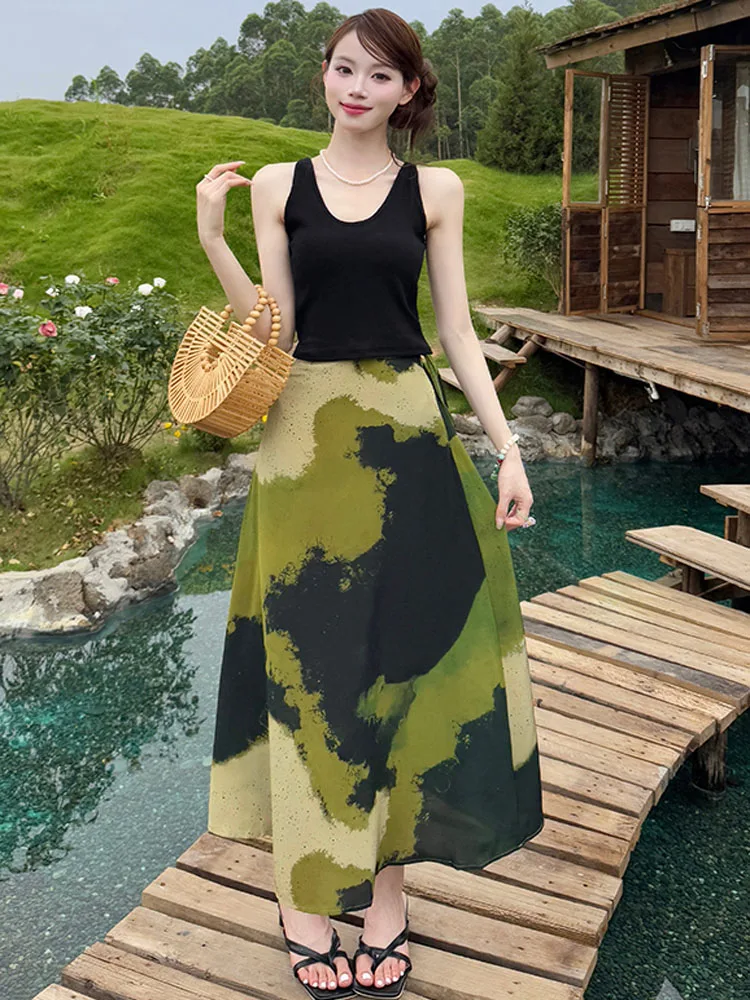 

Vintage Elegant Two Piece Set Women Fashion Black Slim Vest Tops+ High Waist A-Line Skirts 2025 New Summer Casual Suit