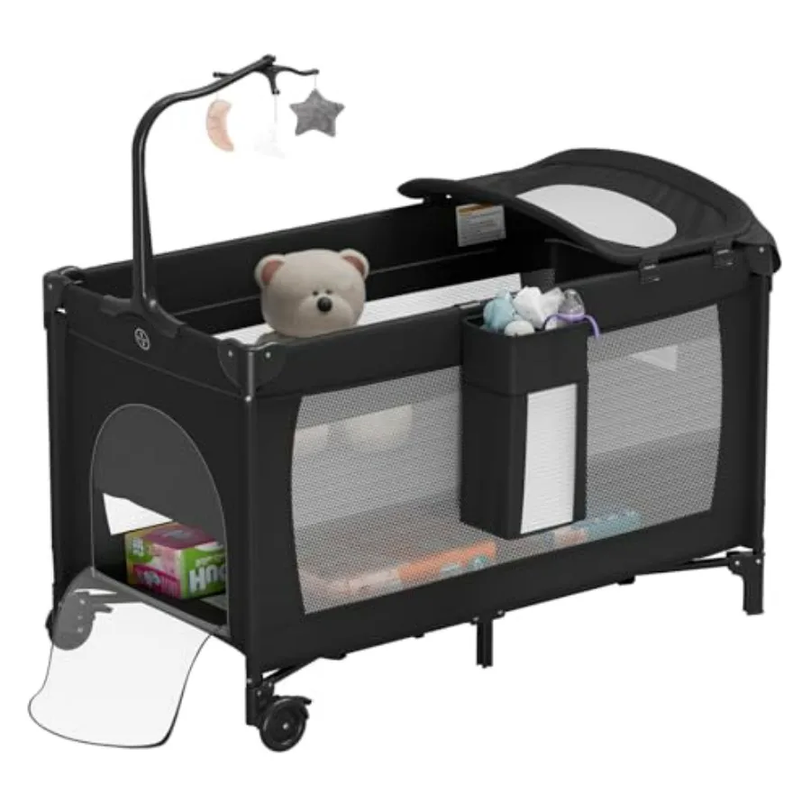 

Portable Playard for Newborn to Toddlers with Diaper Changing Table Large Crib Bed with Mattress and Hanging Toys Lightwght Tra